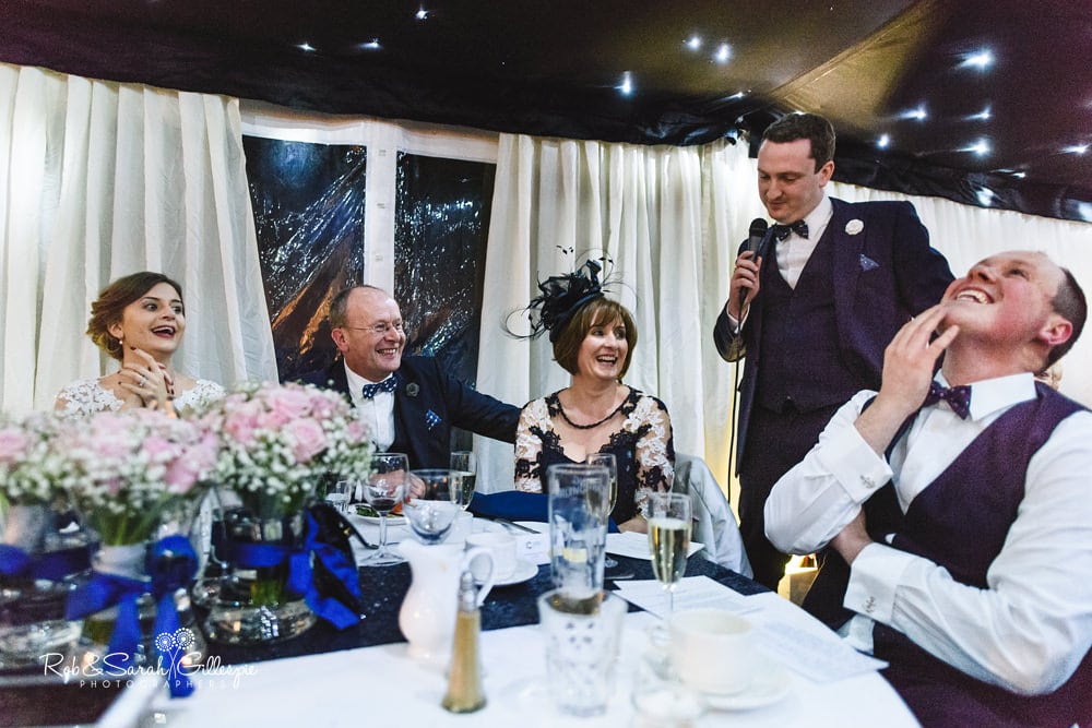 Wedding speeches in marquee at The Boathouse Sutton Coldfield