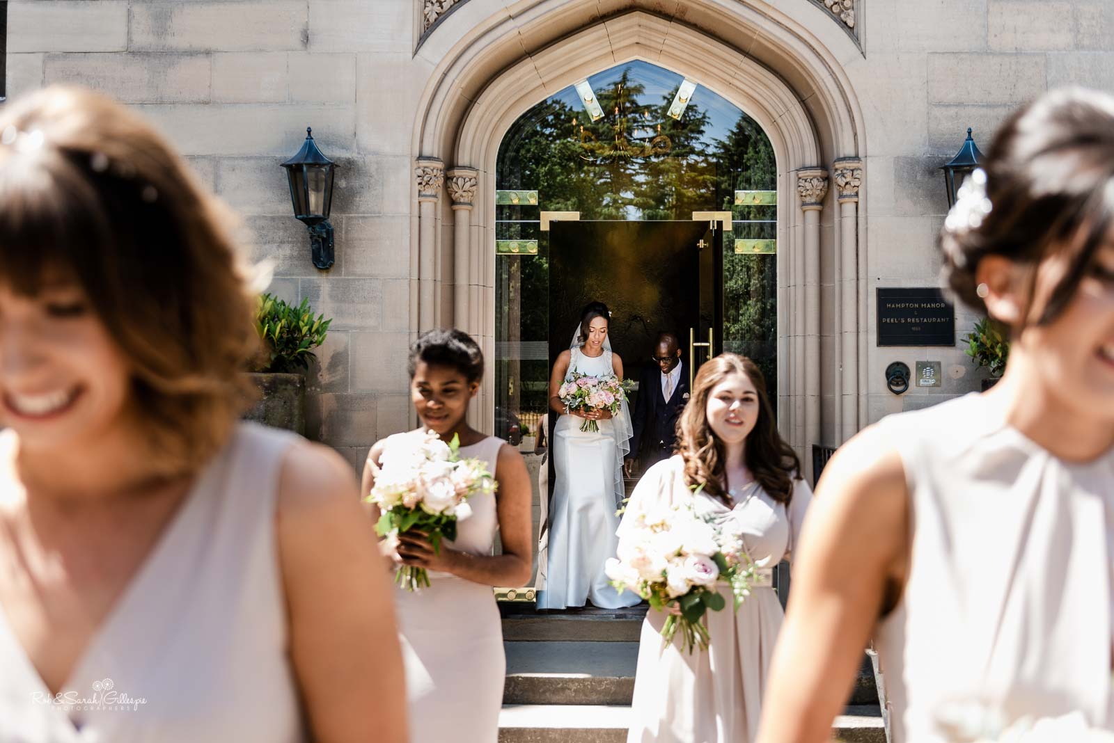 Bride and bridesmaids leaving Hampton Manor for ceremony at church