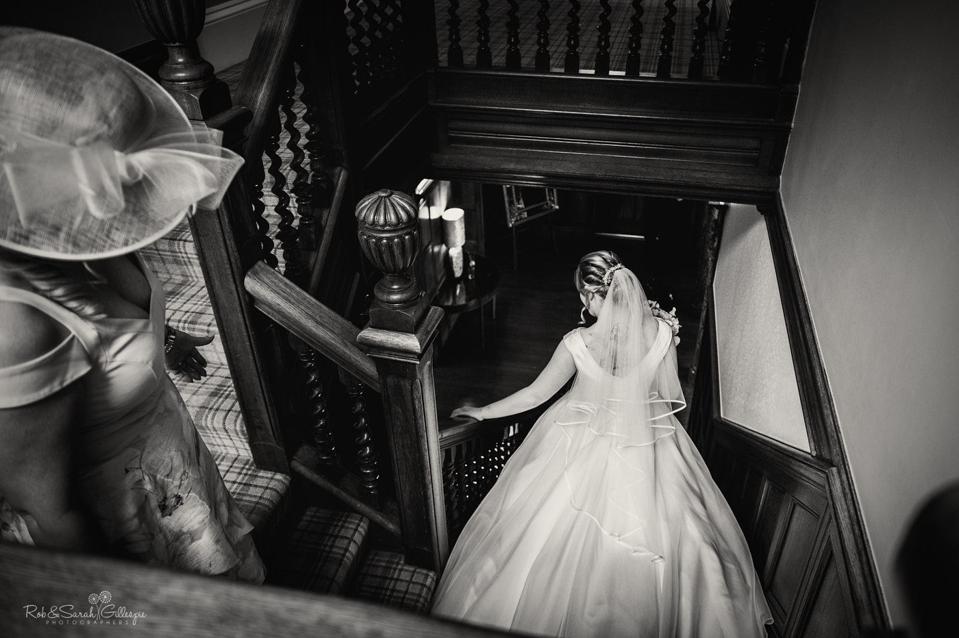 Bride descends staircase at Pendrell Hall