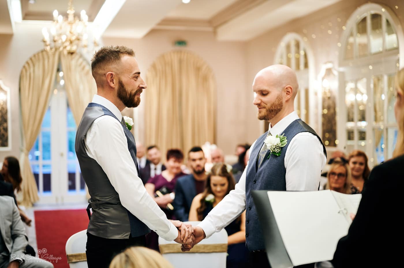 Two grooms exchange wedding vows at Moor Hall Hotel