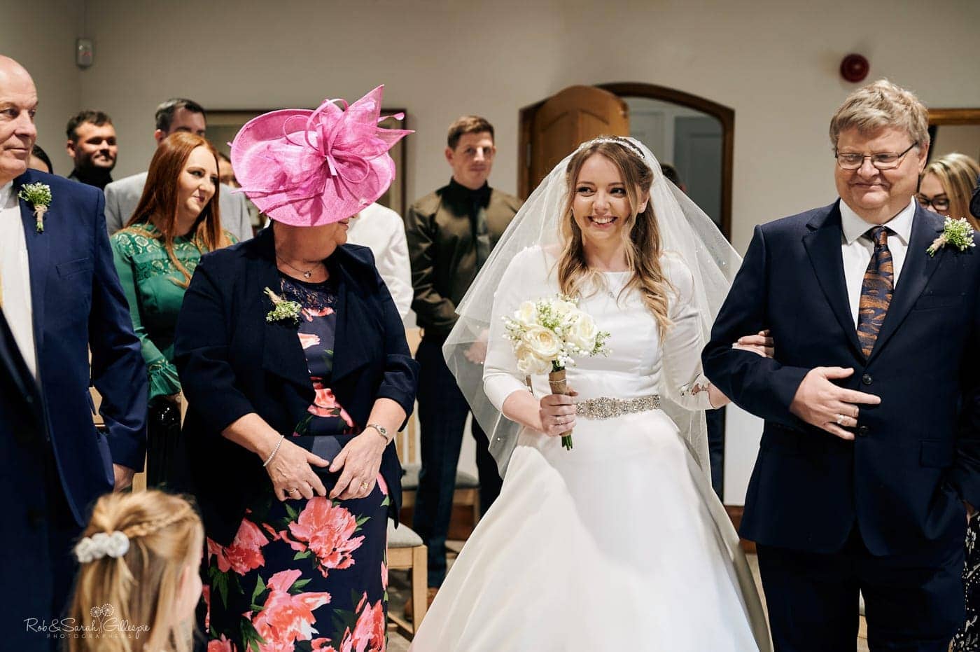 Bride and dad enter wedding ceremony at The Henley Room in Stratford-upon-Avon