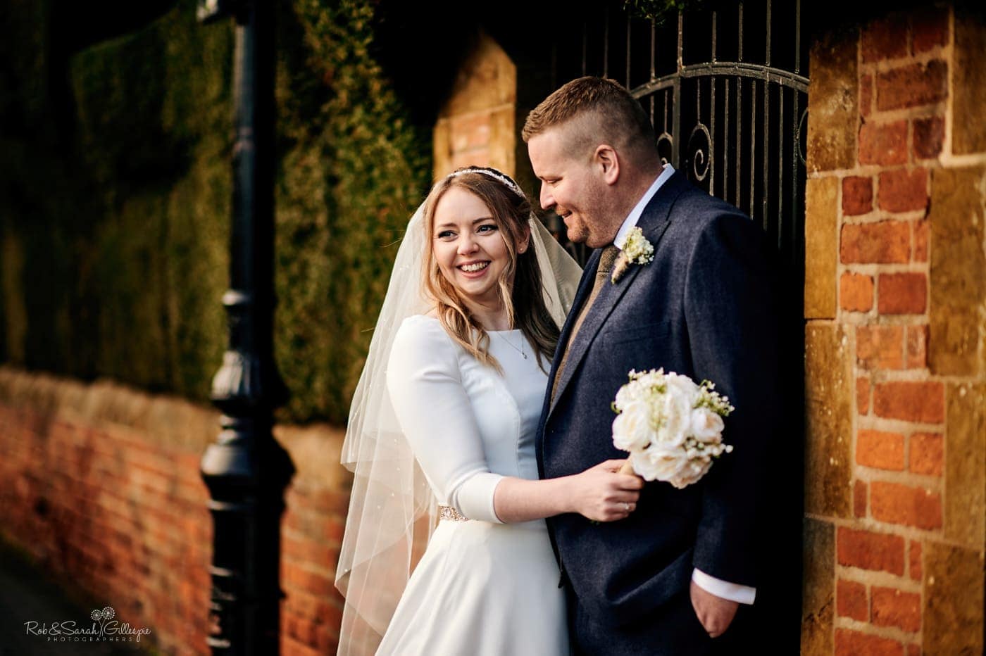 Bride and groom relaxed and happy after small wedding in Stratford upon Avon