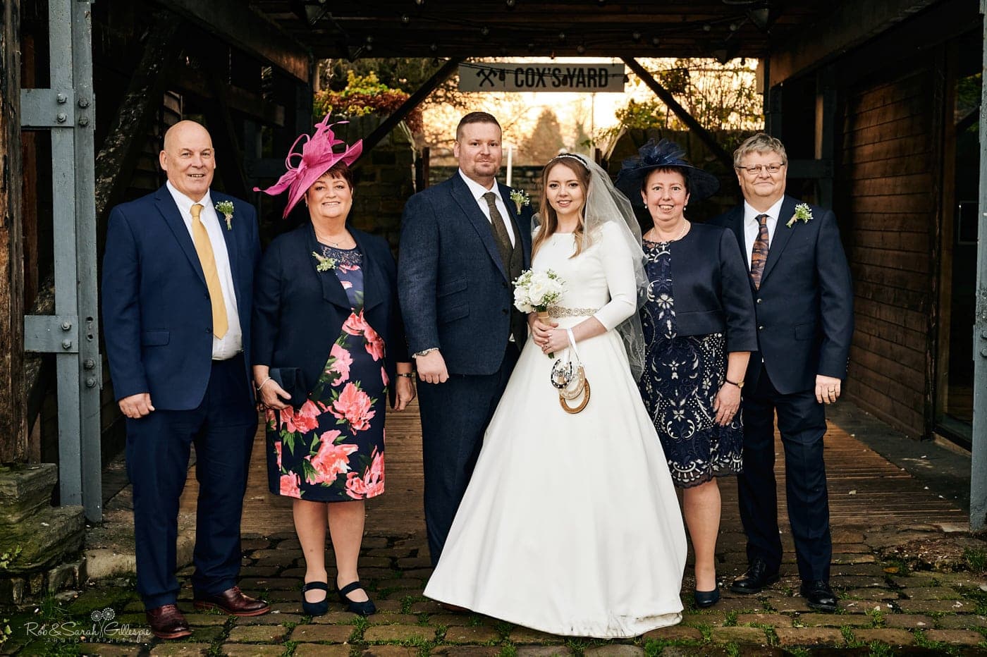 Wedding group photo at Cox's Yard in Stratford-upon-Avon