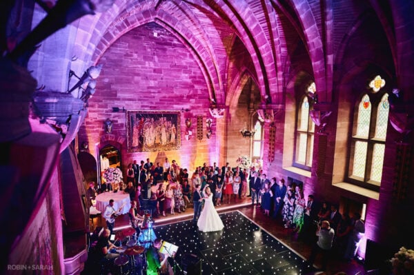 Wedding first dance in beautiful large hall