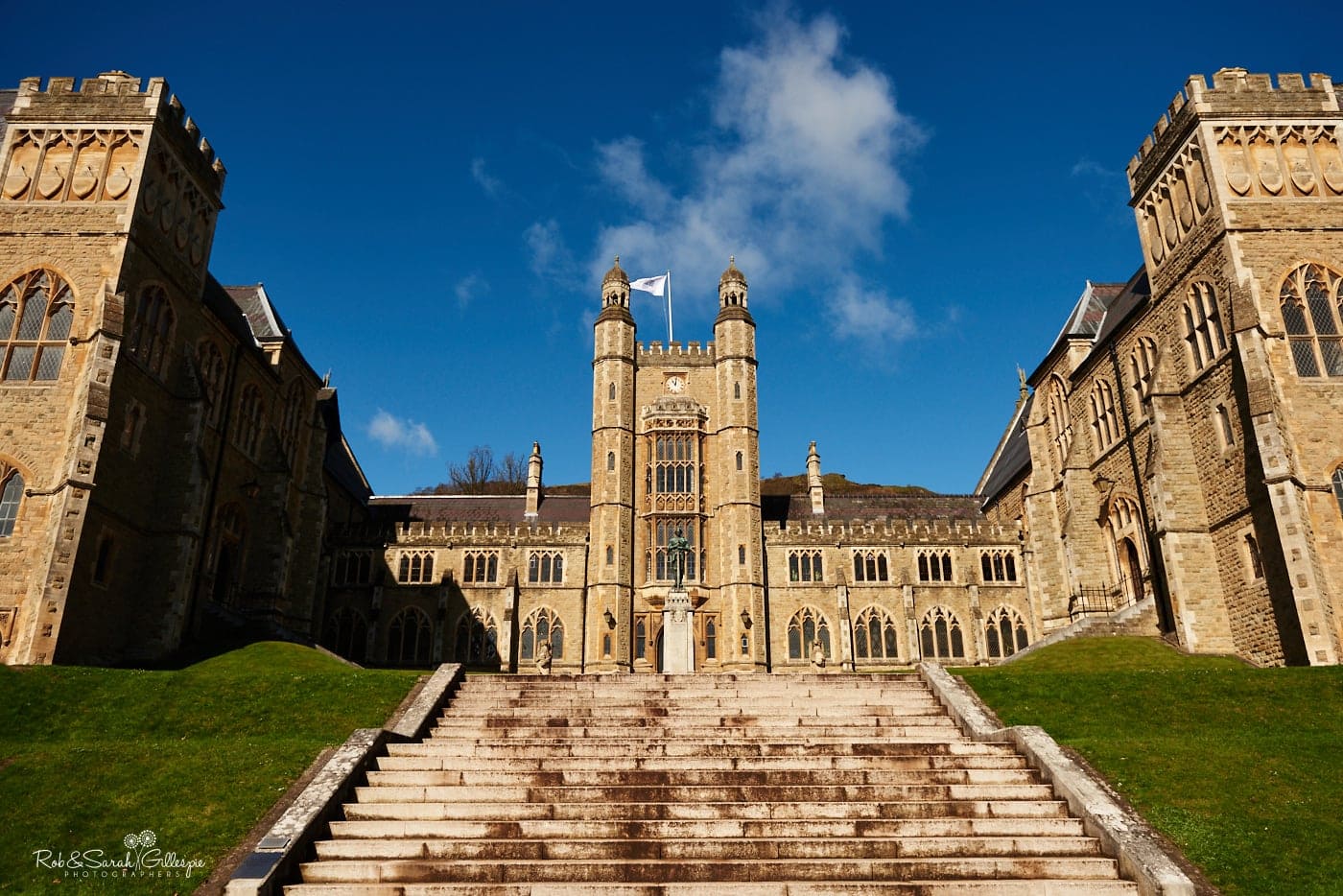 Front view of Malvern College with steps leading up