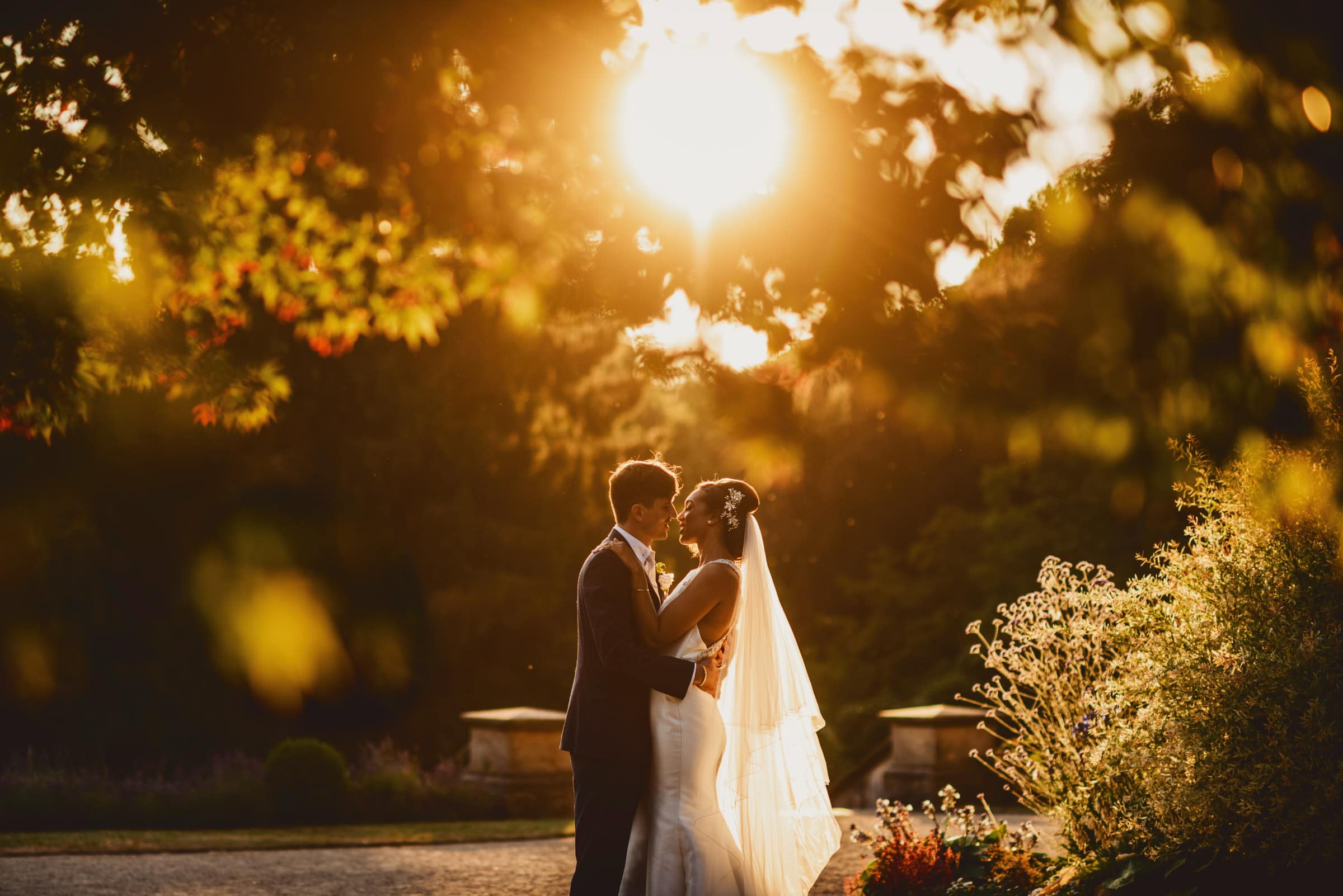 Bride and groom under tree with stunning sunset