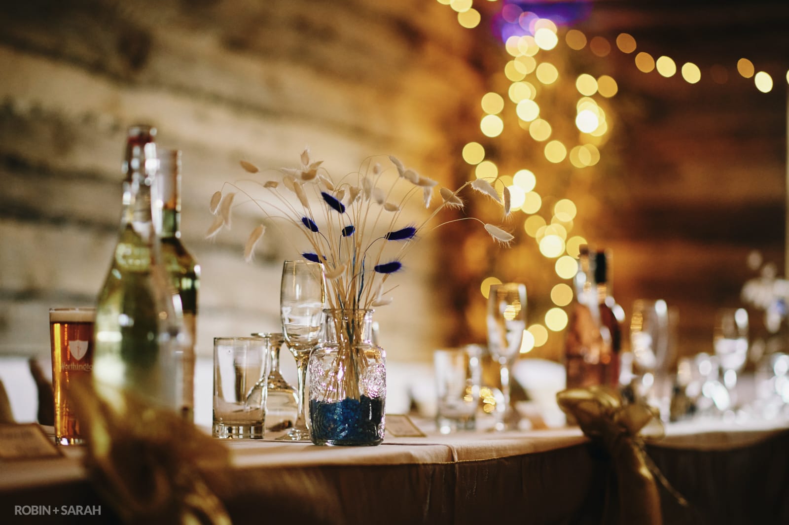 Wedding table decorations at The Barn at Dinthill