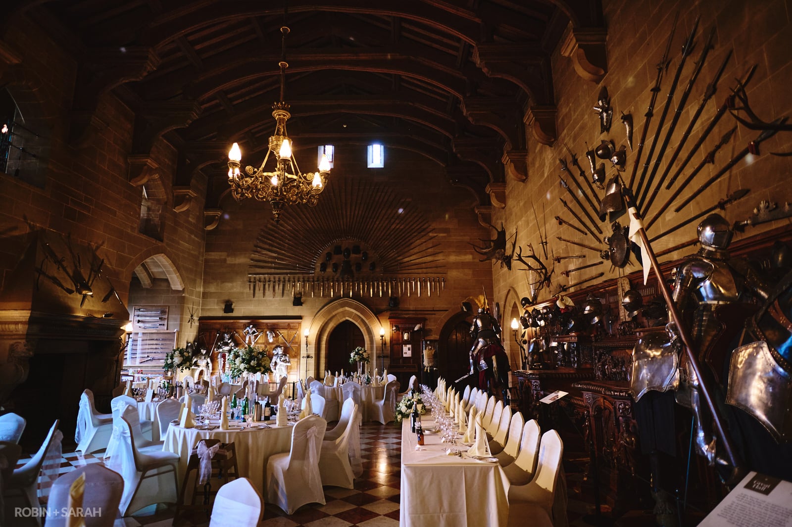 Warwick Castle Great Hall set up ready for wedding meal