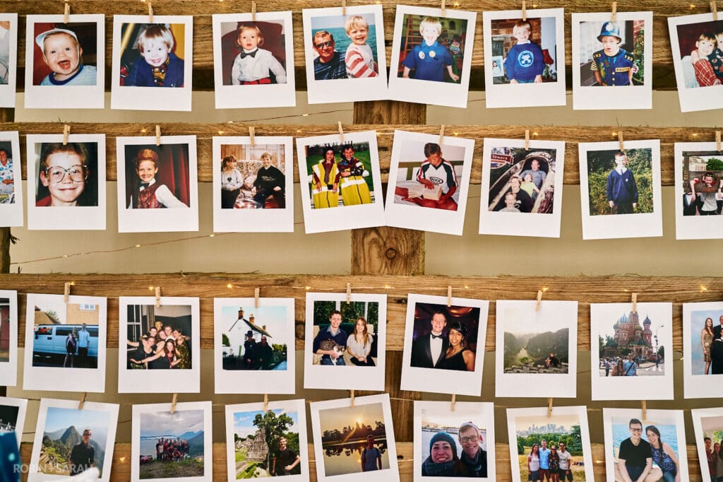 Polaroid photos of bride and groom at wedding
