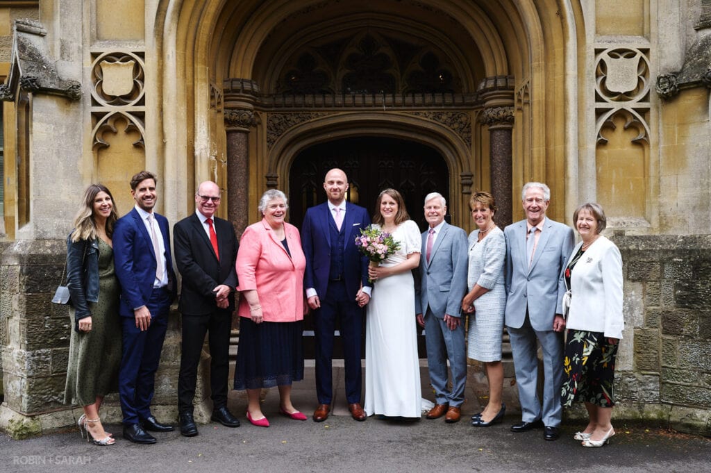 Wedding group photo outside The Elgar Room at Malvern Registry Office