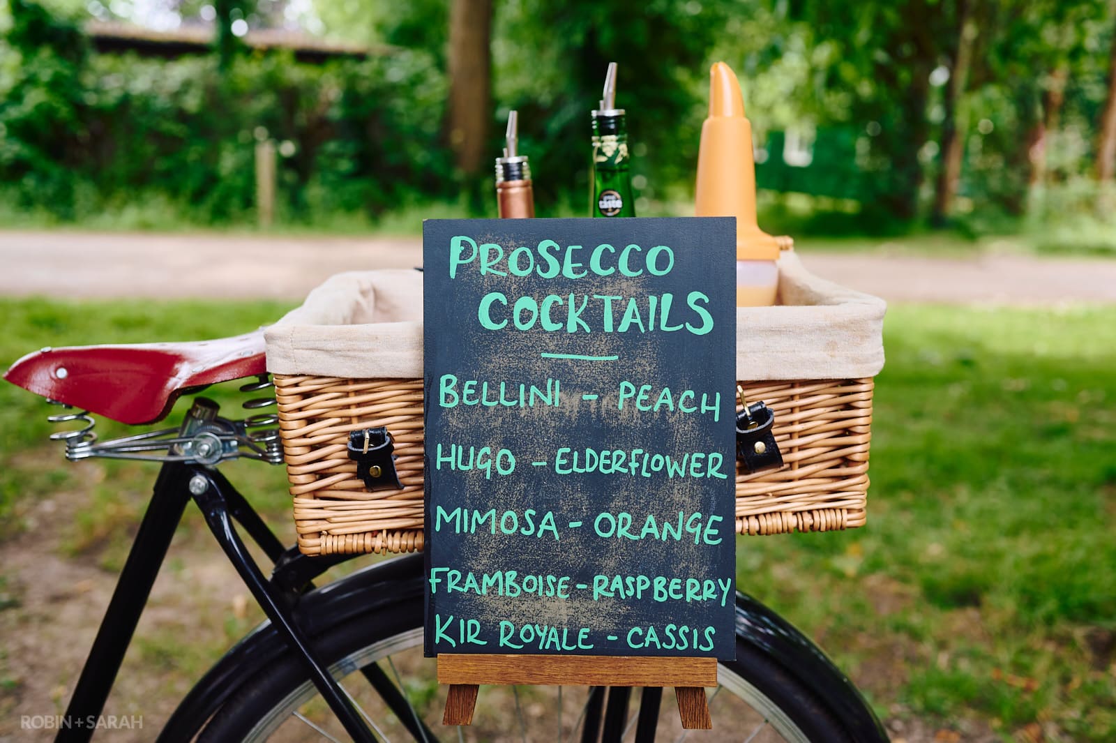 Sign for prosecco cocktails at wedding party