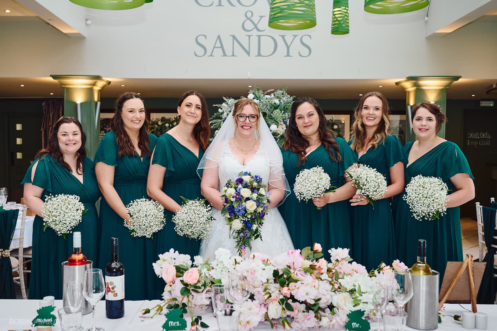 Wedding group photo of bride and bridesmaids at The Crown and Sandys.