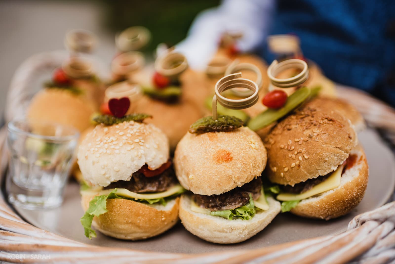 Miniature burgers served during wedding canapes
