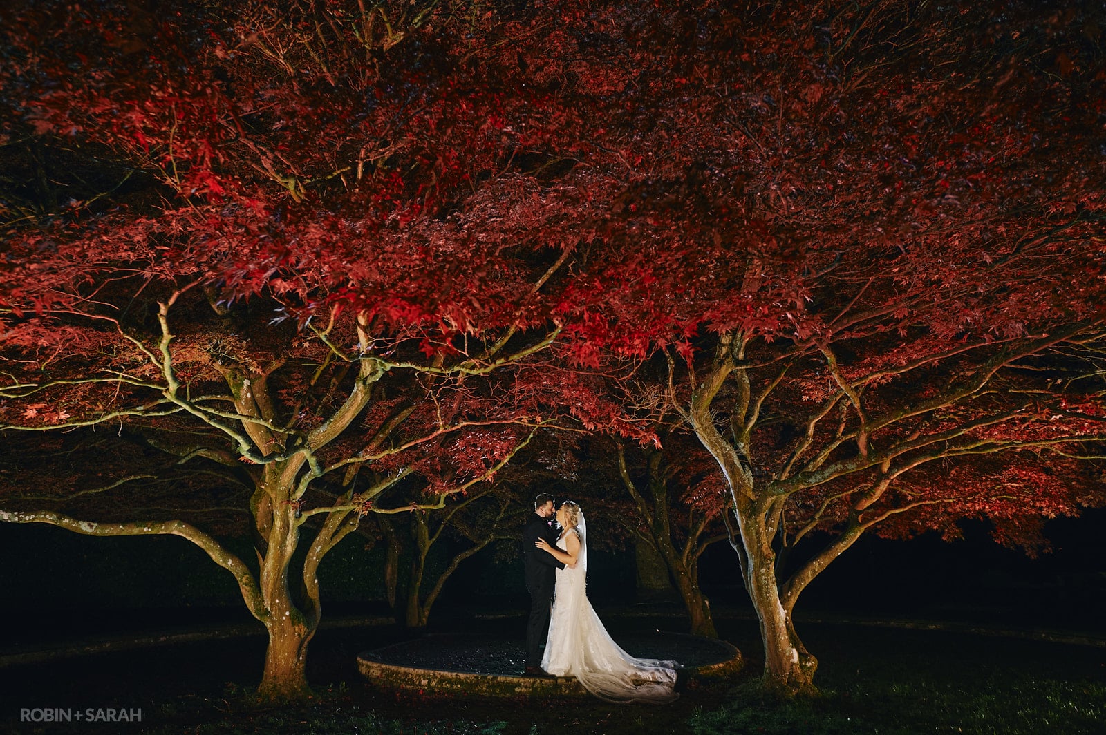 Bride and groom outside Hampton Manor at night under beautiful tree with red leaves