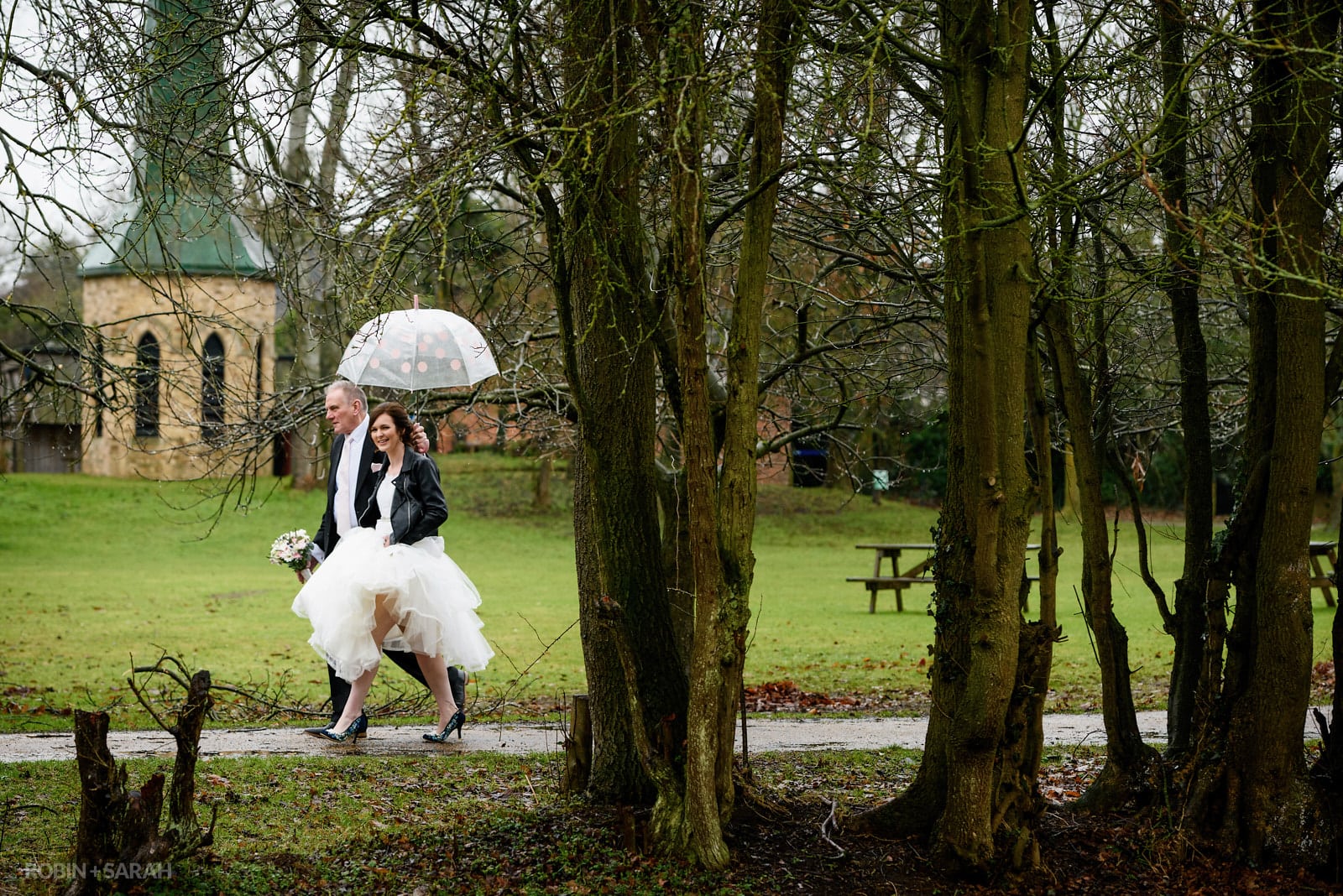 Bride and father walk to wedding blessing at Avoncroft Museum