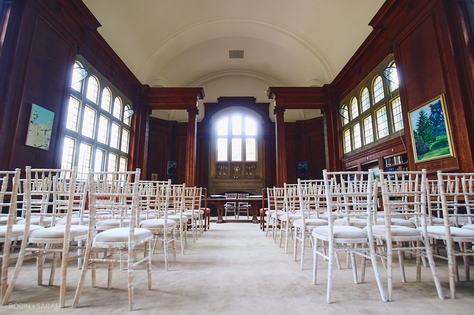 Interior of Malvern College Memorial Library laid out for wedding ceremony