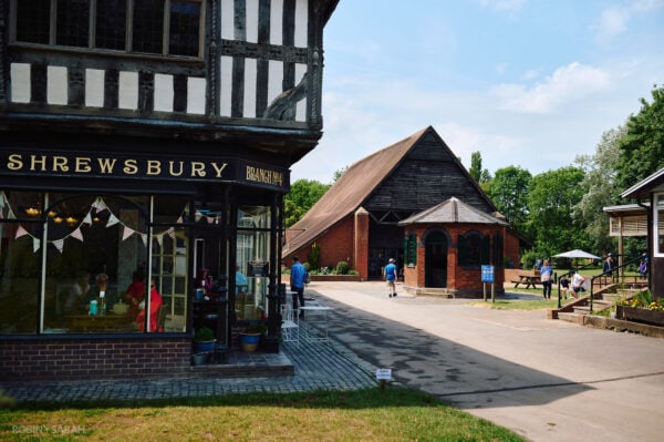 View of Avoncroft Museum with old tea room in foreground and Guesten Hall in background