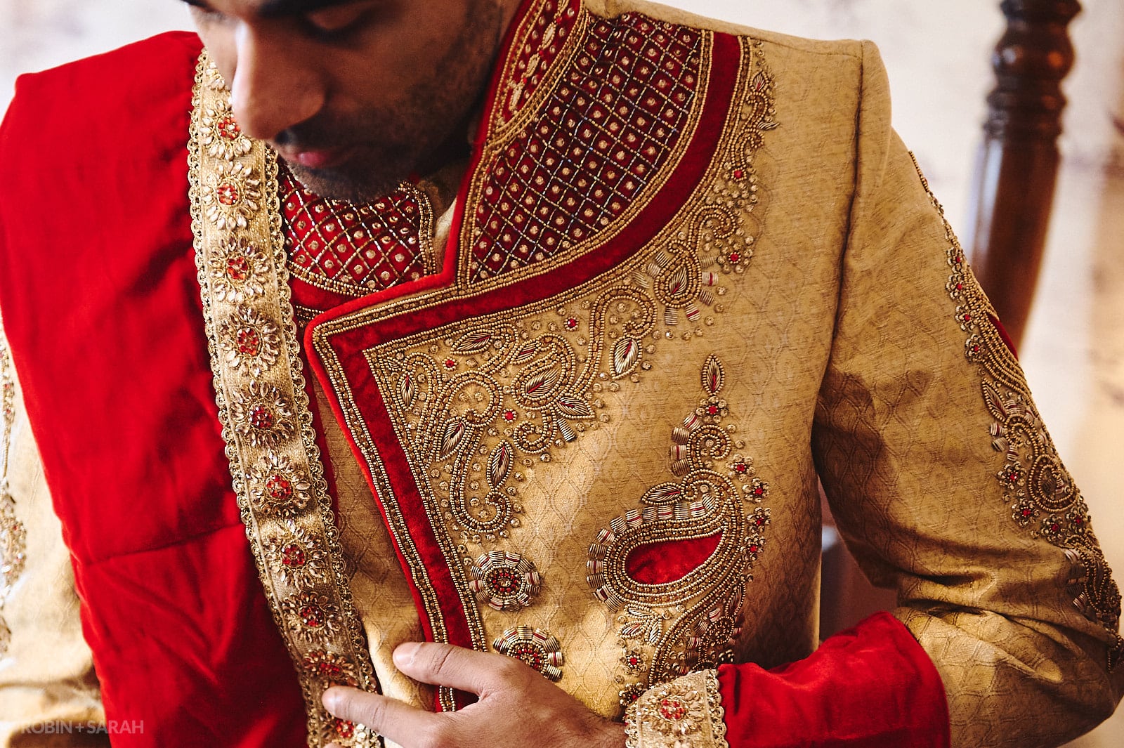 Groom and groomsmen in Indian wedding outfits prepare for wedding