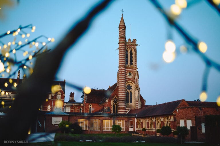 Bell tower at Stanbrook Abbey in twilight