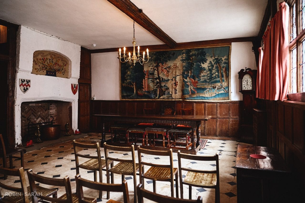 Interior of Great Hall at Greyfriars set up for a wedding ceremony