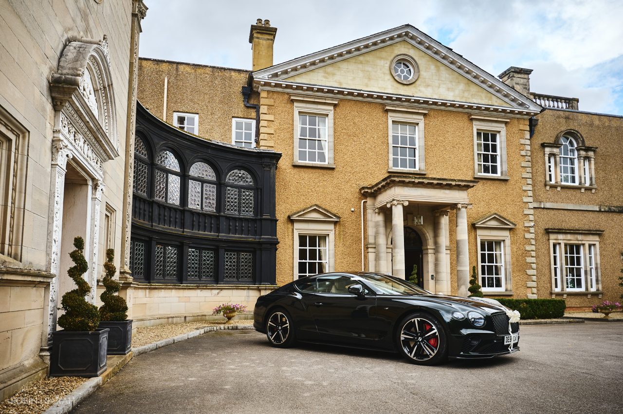 Bentley wedding car parked outside Bourton Hall in Warwickshire