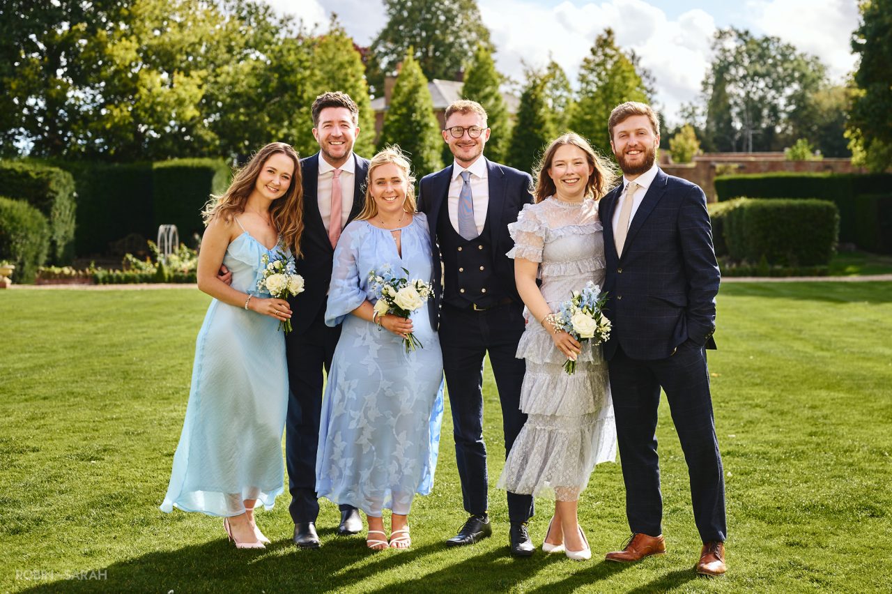 Wedding group photo in grounds of Bourton Hall in Warwickshire