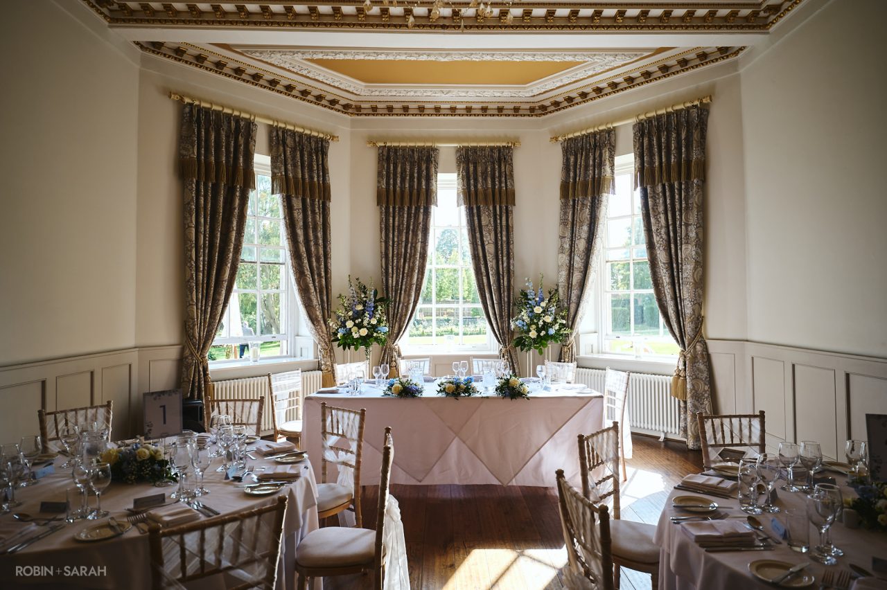 Banqueting Hall at Bourton Hall in Warwickshire, set out ready for wedding meal