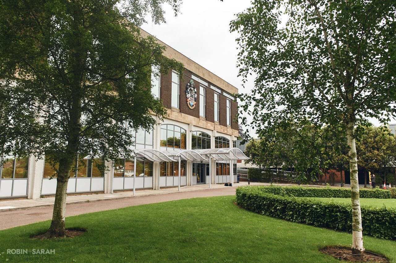 Front entrance of Solihull Register Office with garden in foreground